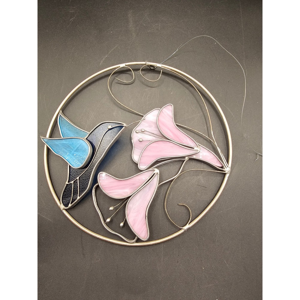 Vintage Stained Glass Hummingbird Pink Lily Suncatcher Round Metal Frame 8 Inch